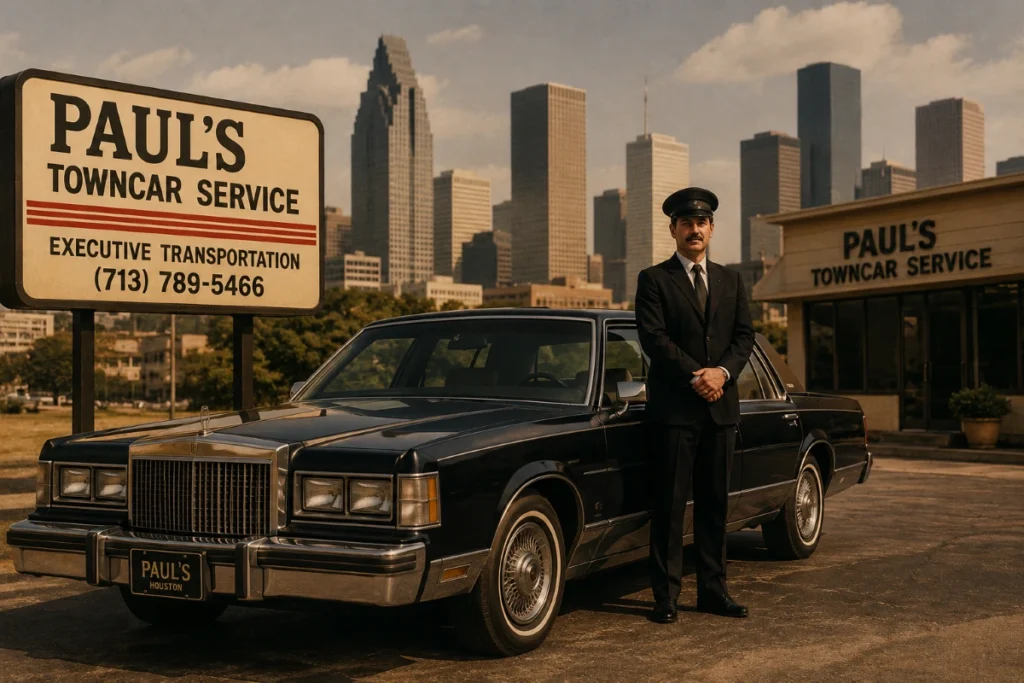 Vintage 1980s Paul’s Towncar Service executive transportation scene featuring a classic Lincoln Town Car, professional chauffeur, and Houston skyline.