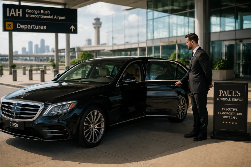 Professional chauffeur opening the door of a Mercedes S550 executive sedan at IAH Airport in Houston for executive airport transportation service.
