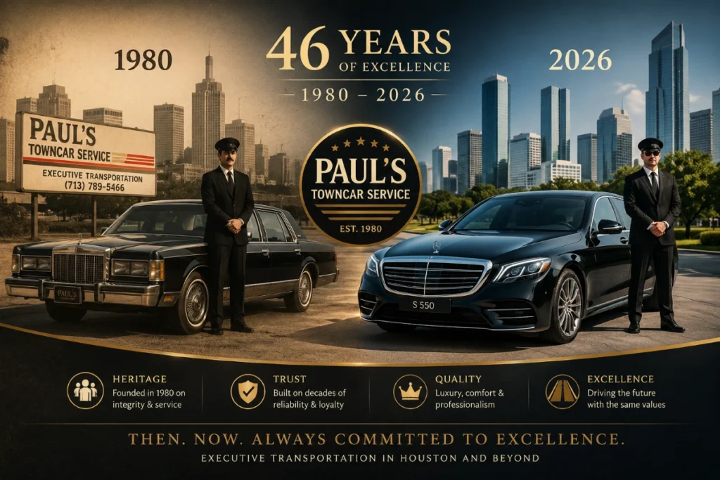 1980 Lincoln Town Car and 2026 Mercedes S550 with professional chauffeurs representing 46 years of executive transportation excellence by Paul’s Towncar Service in Houston.