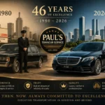 1980 Lincoln Town Car and 2026 Mercedes S550 with professional chauffeurs representing 46 years of executive transportation excellence by Paul’s Towncar Service in Houston.