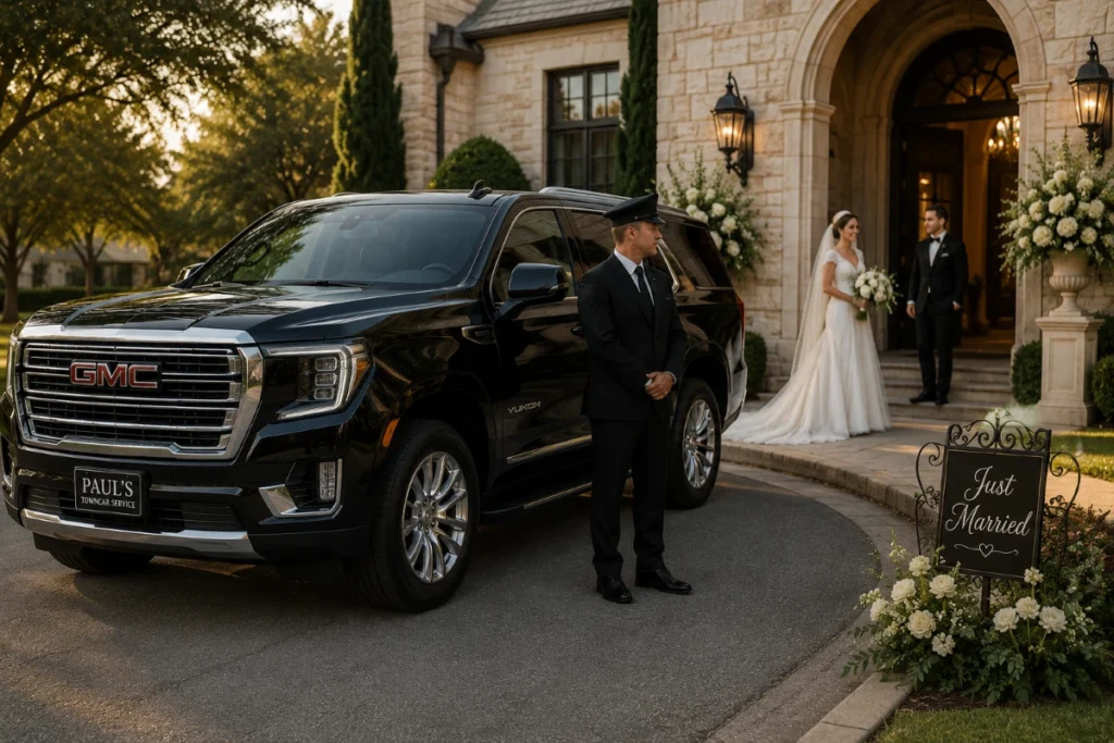 Wedding Bride entering luxury black car service vehicle in downtown Houston.