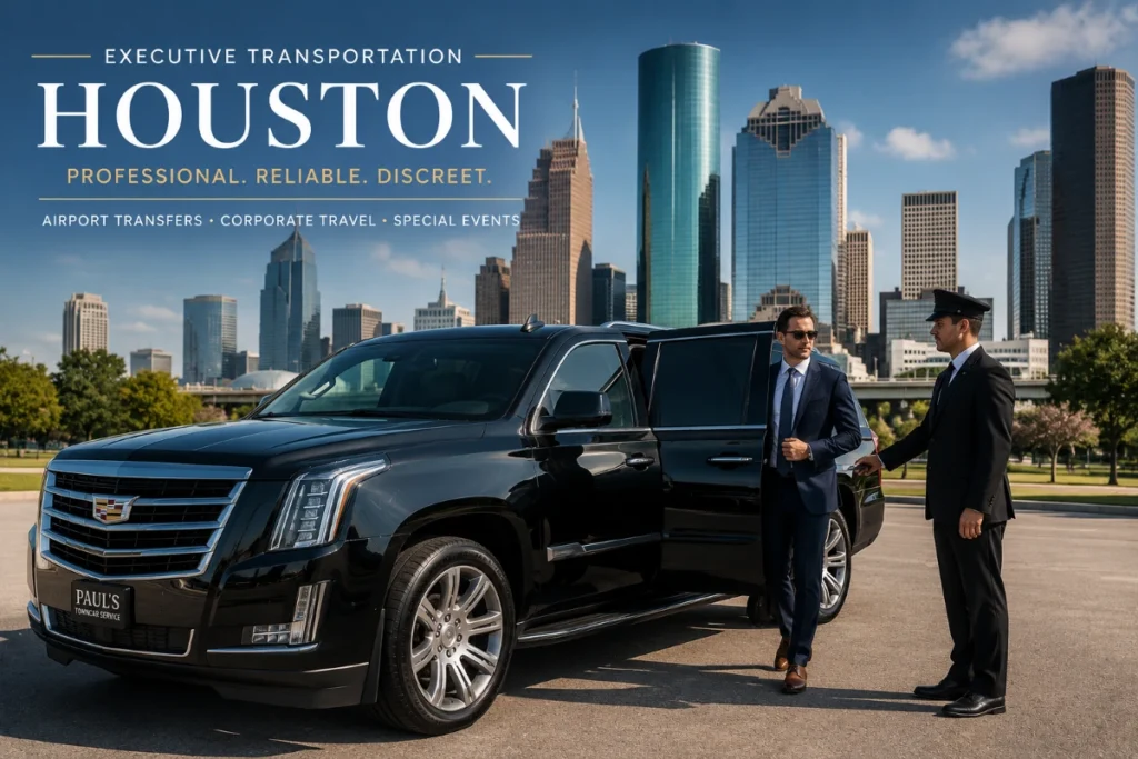 Professional Houston chauffeur service with luxury executive sedan and corporate traveler in downtown Houston.