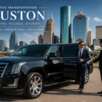 Professional Houston chauffeur service with luxury executive sedan and corporate traveler in downtown Houston.