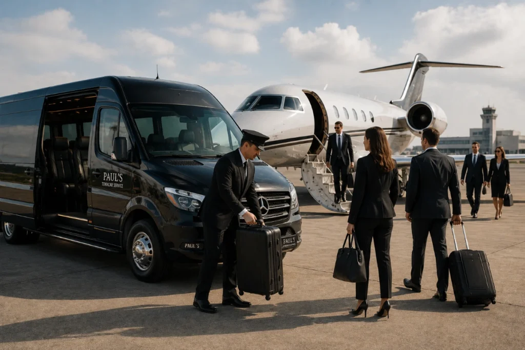 Professional chauffeur assisting executive traveler with airport transportation service at Houston IAH Airport.