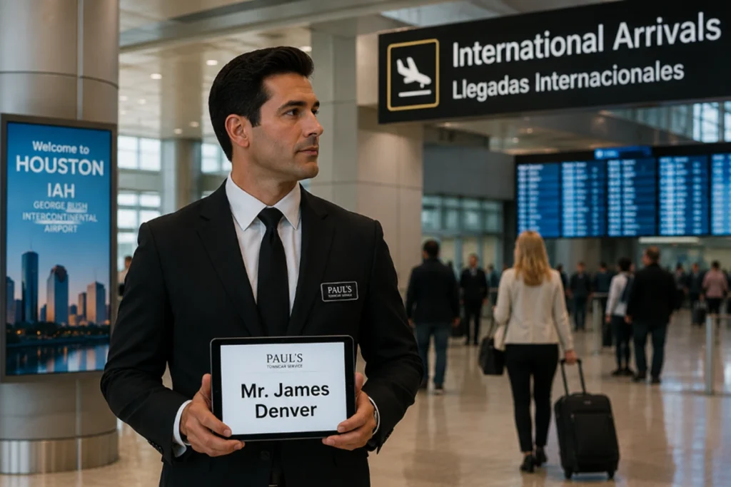Professional airport chauffeur waiting inside Houston IAH Airport arrivals terminal holding a welcome tablet for Mr. James Denver.