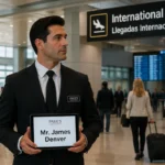 Professional airport chauffeur waiting inside Houston IAH Airport arrivals terminal holding a welcome tablet for Mr. James Denver.