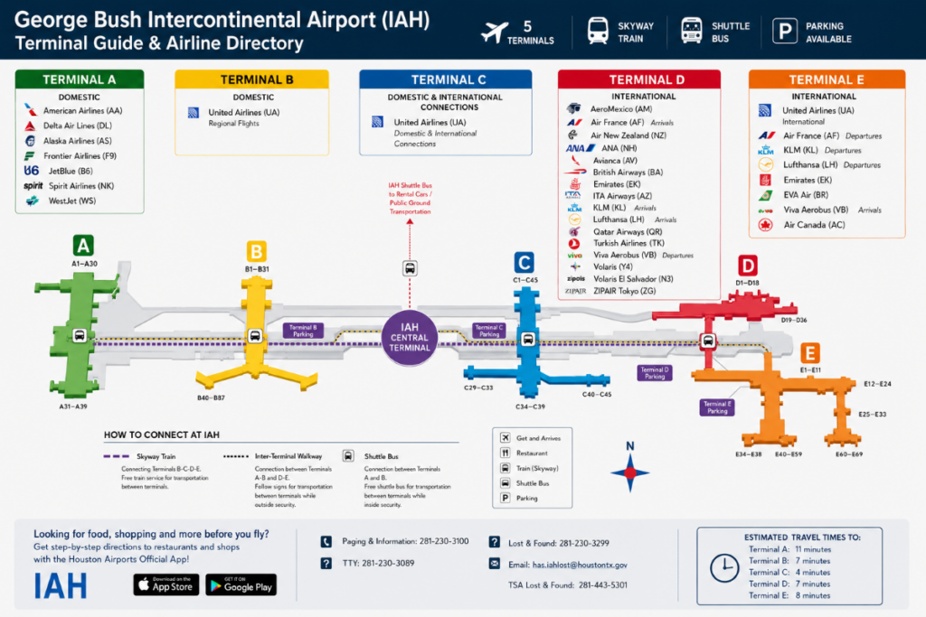 Detailed terminal and airline map of Houston George Bush Intercontinental Airport IAH showing terminals A, B, C, D, and E with airline assignments and transportation connections.