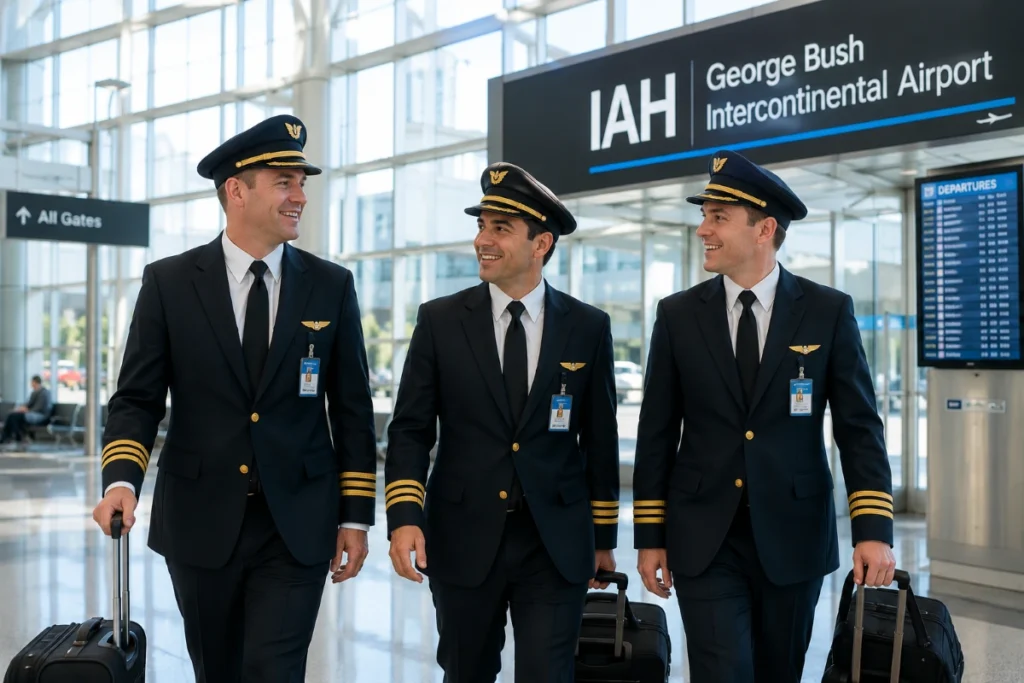 Three commercial airline pilots walking through Houston IAH Airport terminal with luggage for executive airport transportation and business travel.